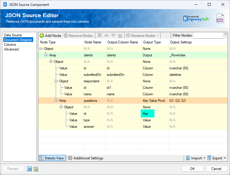 KingswaySoft JSON Source Editor showing JSON data structure for data extraction.